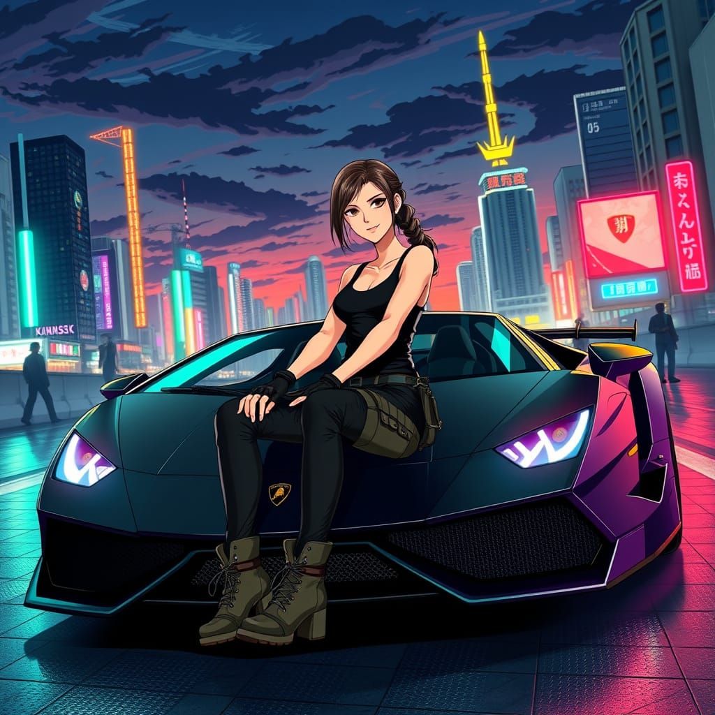 Anime Lara Croft Cruises Tokyo Streets in a Sleek Lamborghin...