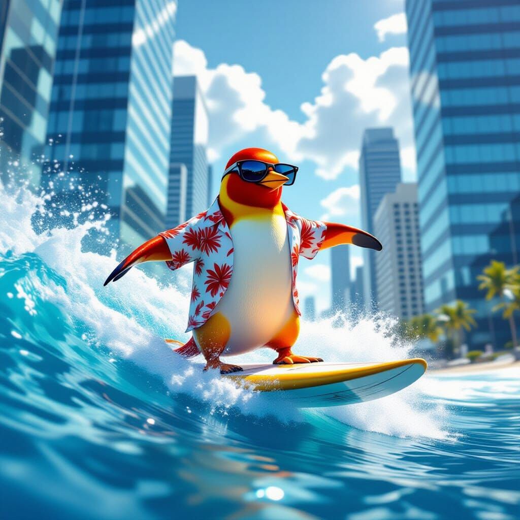 Red Penguin Surfing a Heat Wave in Futuristic City