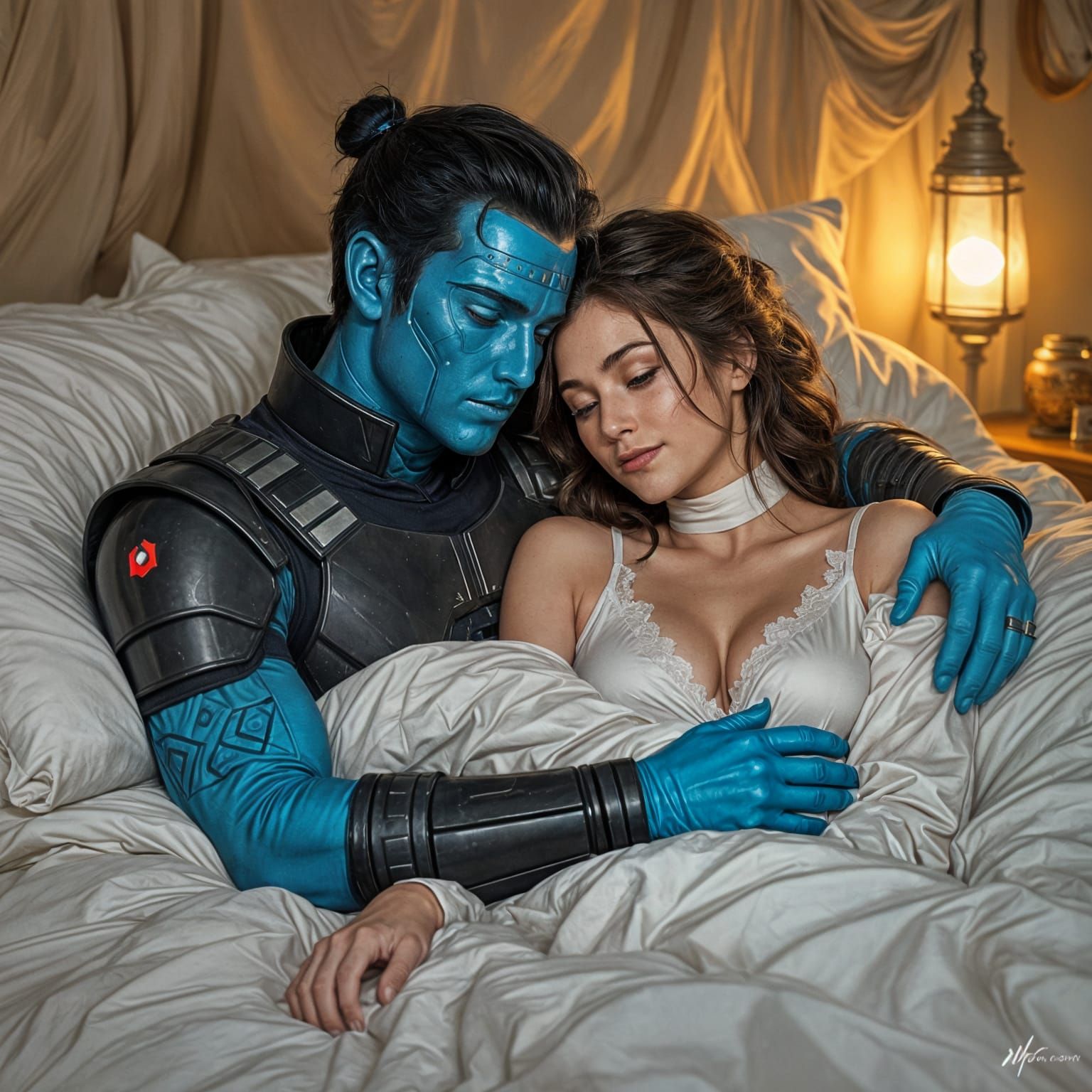 Blue Soldier and Wife Resting in Bed