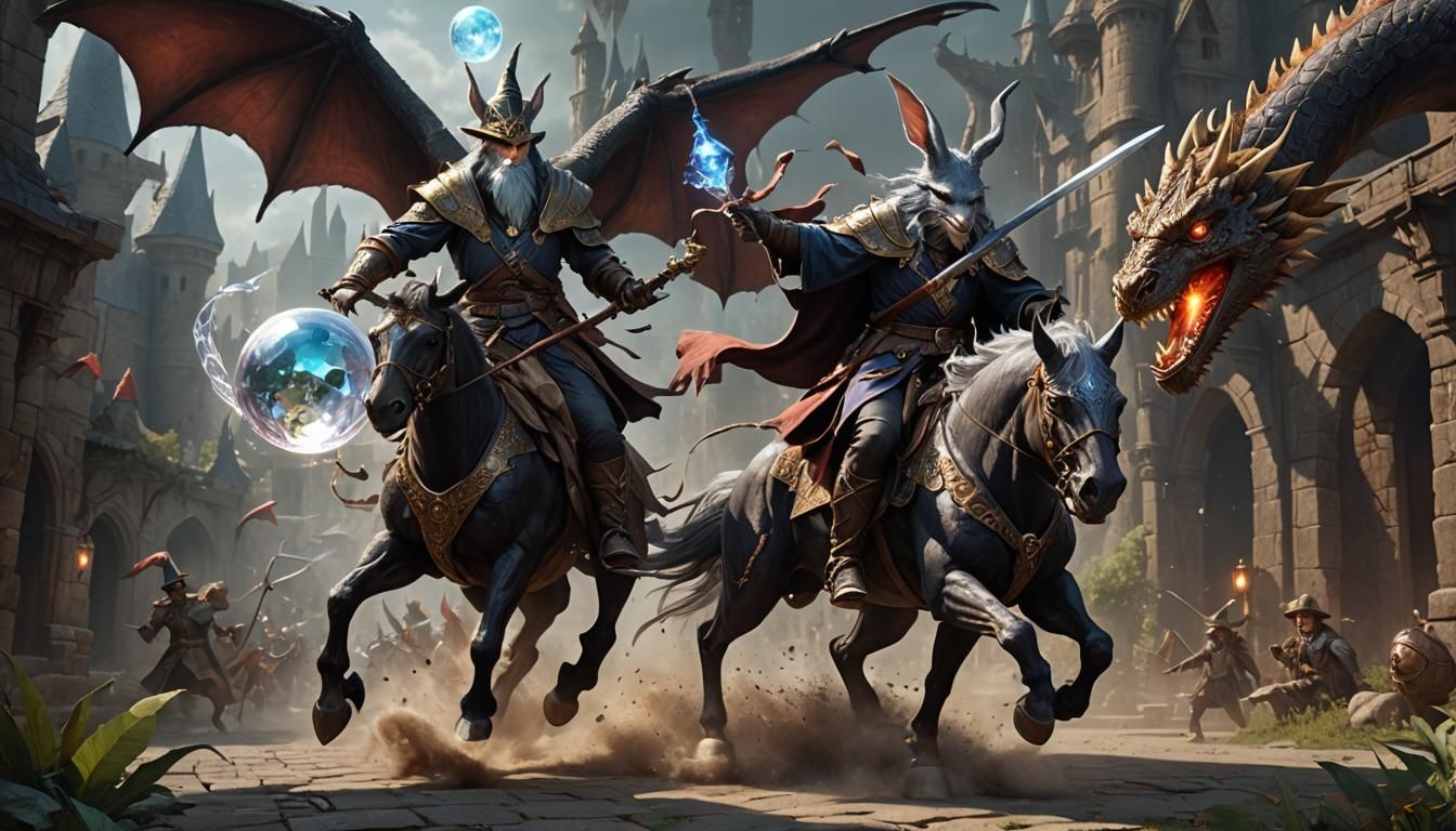 A wizard rabbit riding a horse, carrying a staff with a crys...