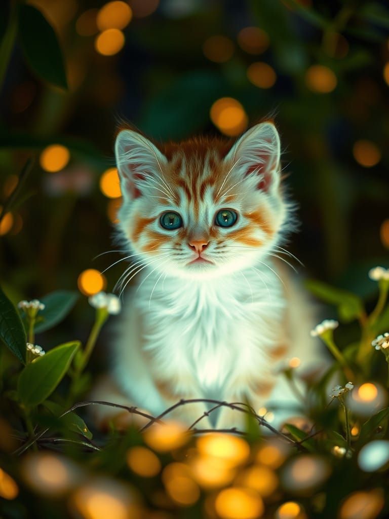Whimsical Light Kitten in a Dreamy Bioluminescent Garden