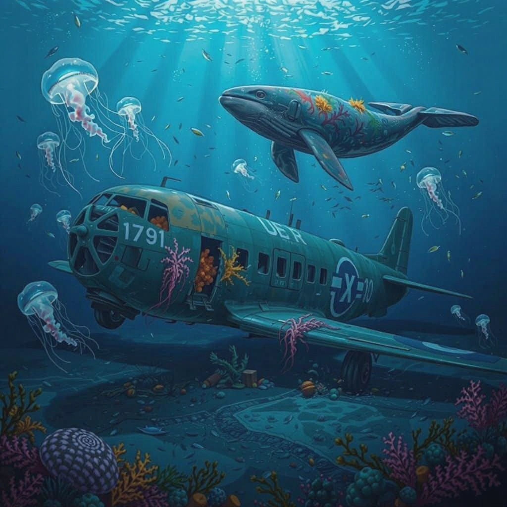 Underwater Plane Wreck with Colorful Whale, Digital Art