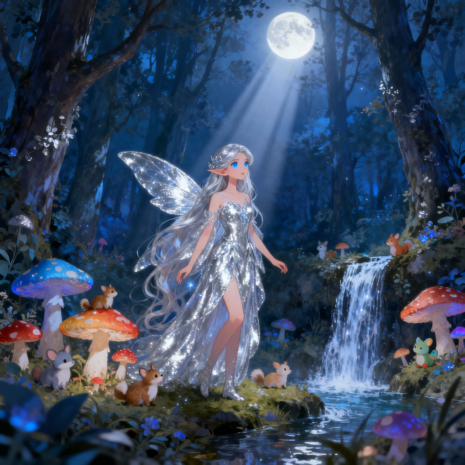 Fairy with Blue Eyes in Enchanted Forest with Moonlight