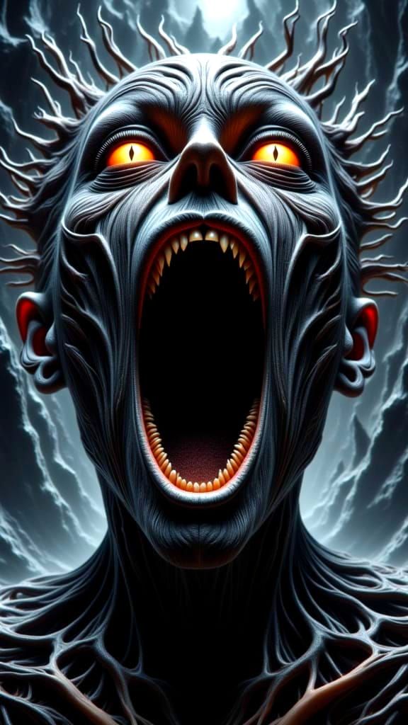 Surreal Horror Figure in Dark, Detailed Cyberpunk Landscape