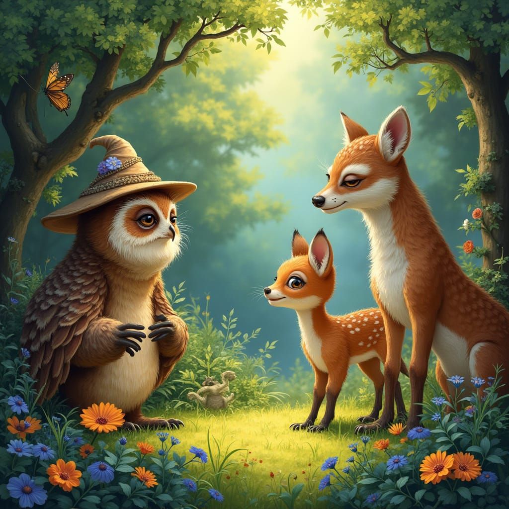 Whimsical Magical Garden Scene with Talking Animals