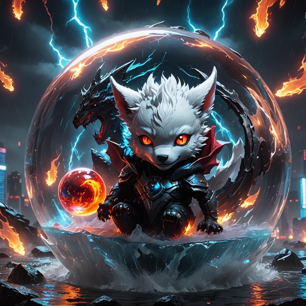 Vampire Child with Dragonwolf Orb in Cyberpunk Style