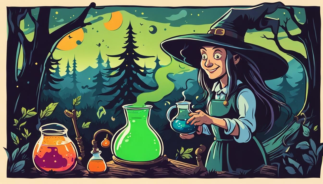 Cartoon Witch Brews Potion in Forest