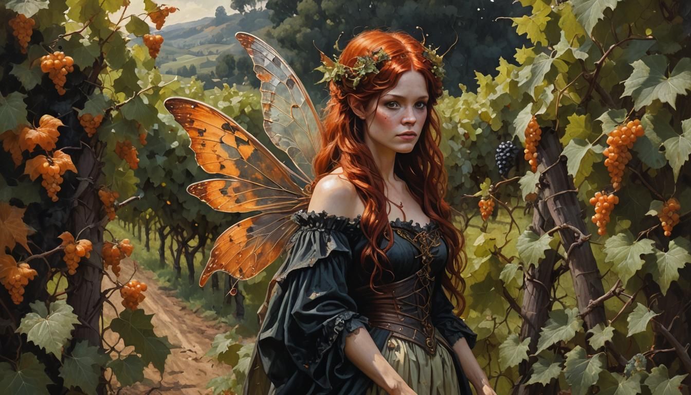 Dark Orange Haired Fairy in Vineyard, Oil Painting