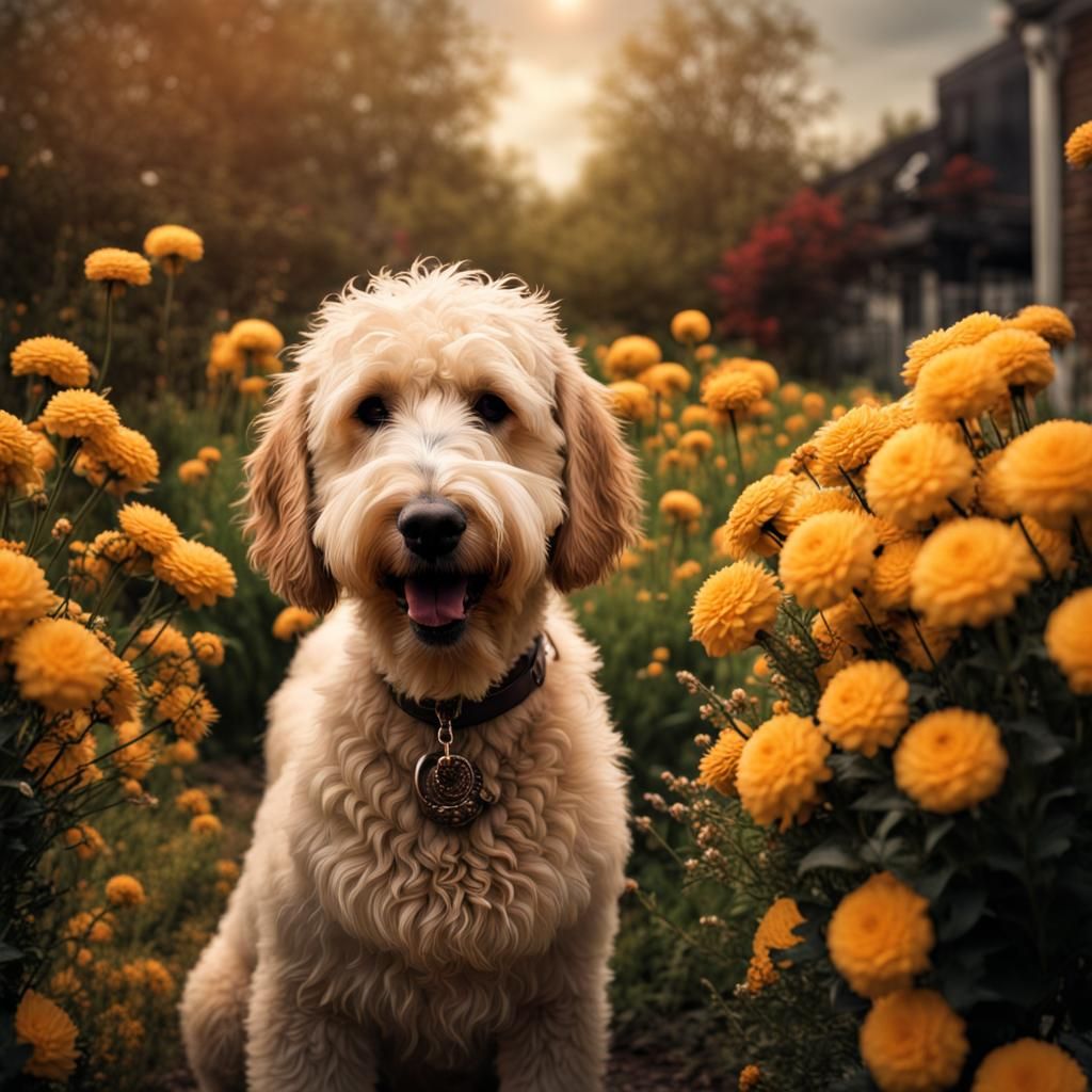 Hyperrealistic Golden Doodle Bringing Flowers