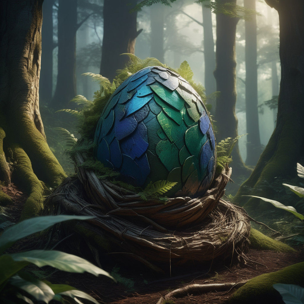 Surreal Dragon Emerges from Egg in Mystic Forest Landscape