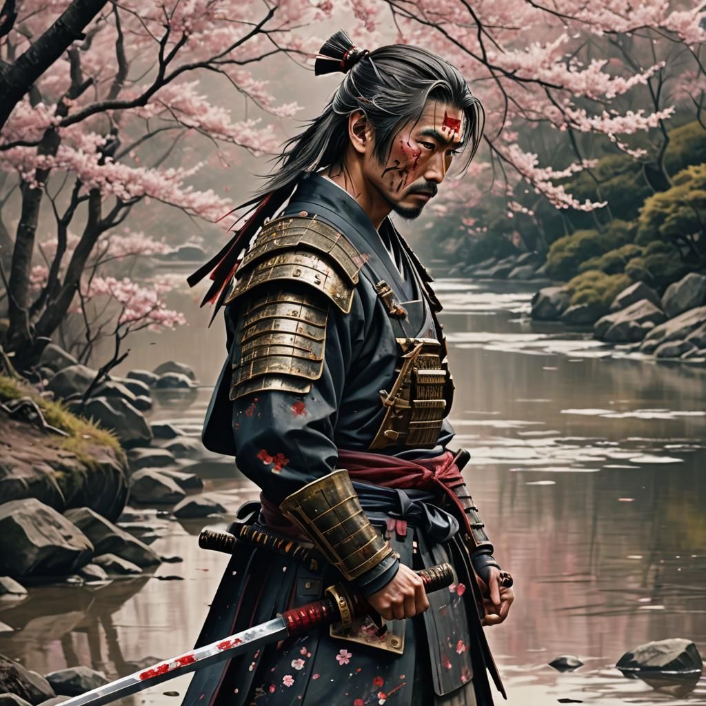 Sorrowful Samurai by River in Golden Hour Light