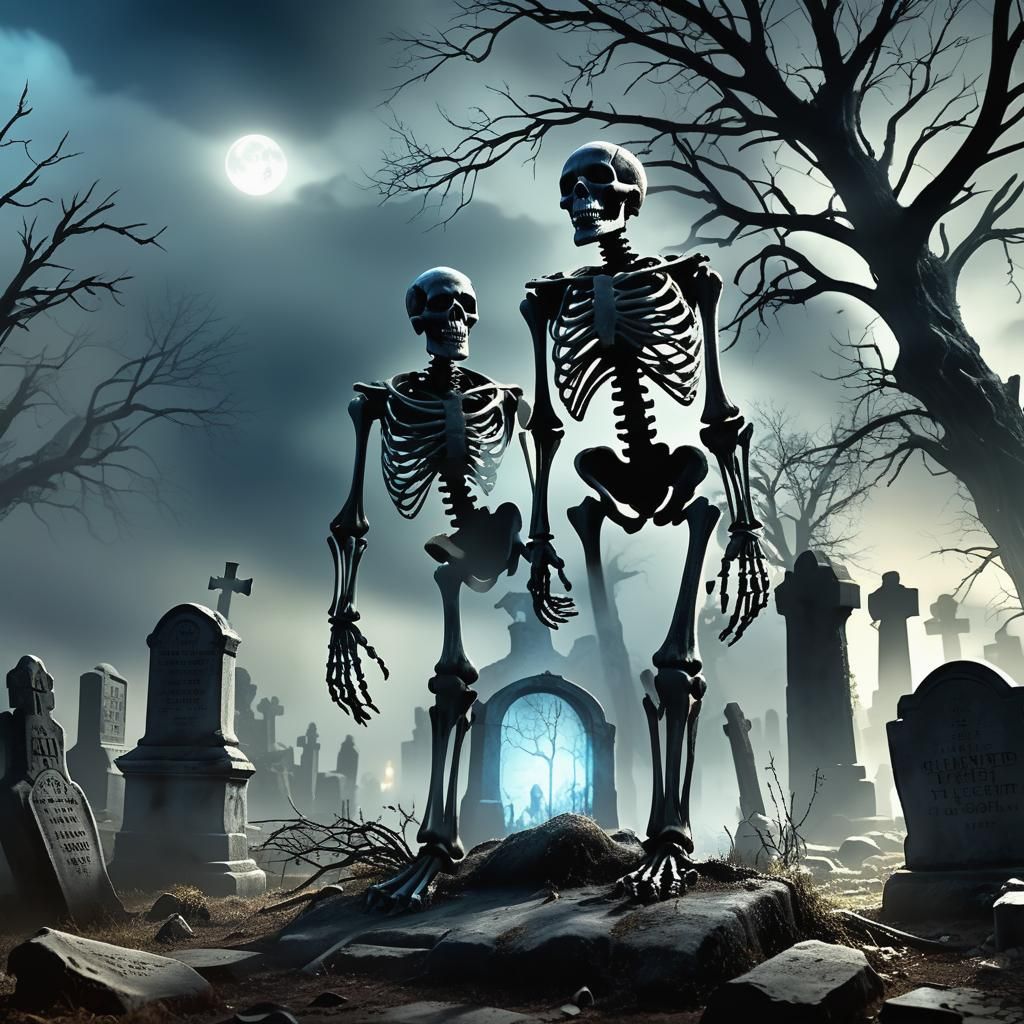 Haunted Skeleton in Fog-Shrouded Cemetery