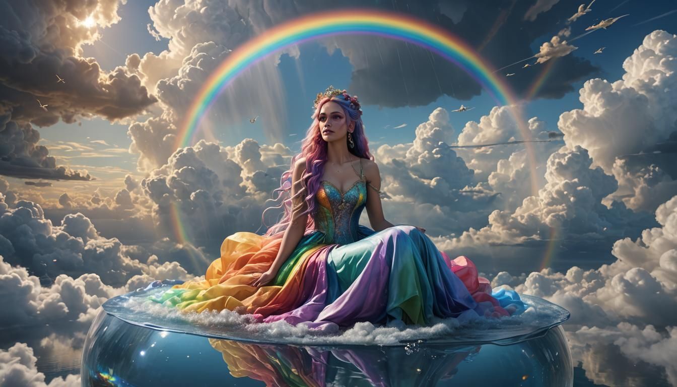 Rainbow Princess on Water Bubble in the Clouds