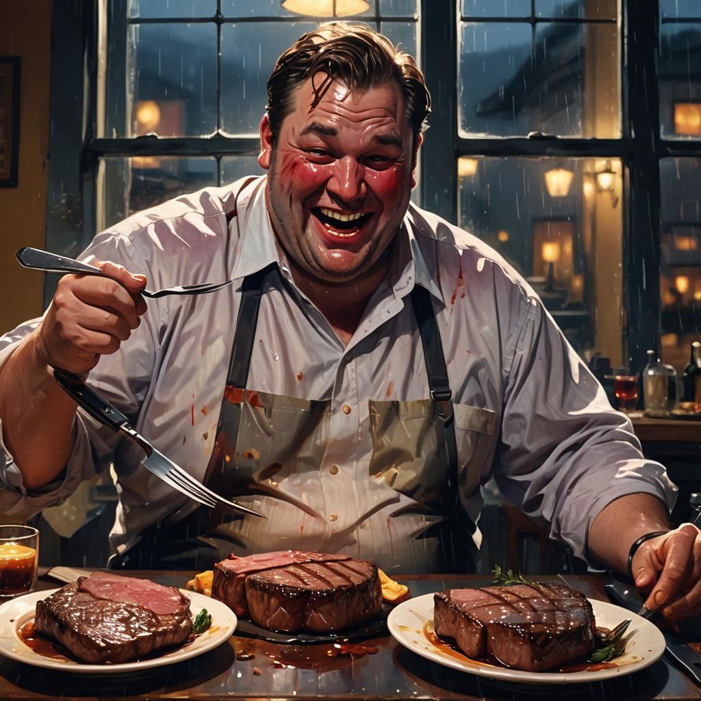 Cinematic Fat Man and Steaks at Midnight