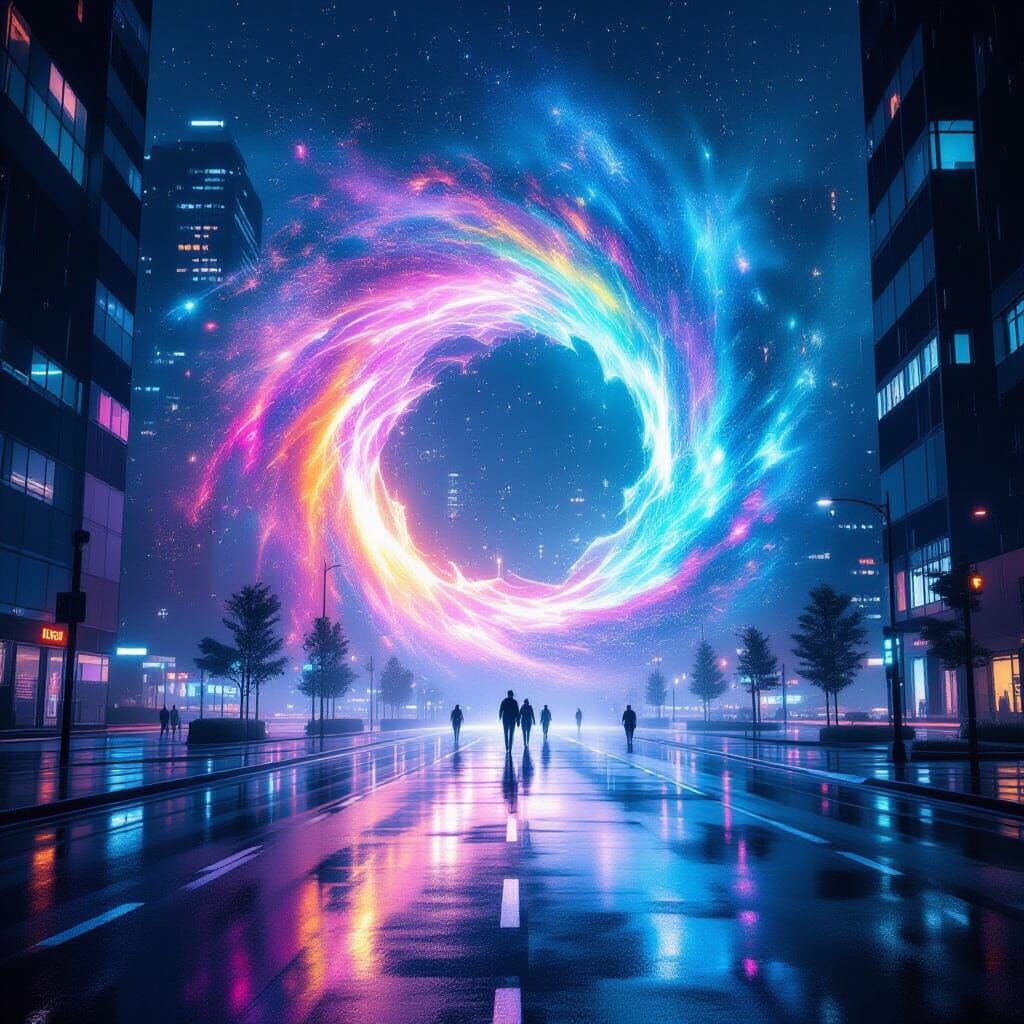 Iridescent Vortex Forms Portal Above Cityscape