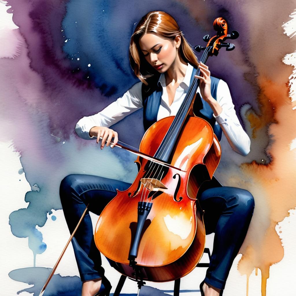 Woman Playing Cello in Watercolor Style