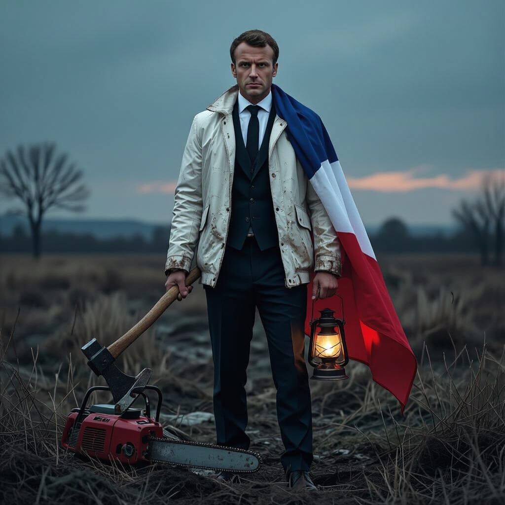 Macron in Somber Landscape, Dark Surrealist Style