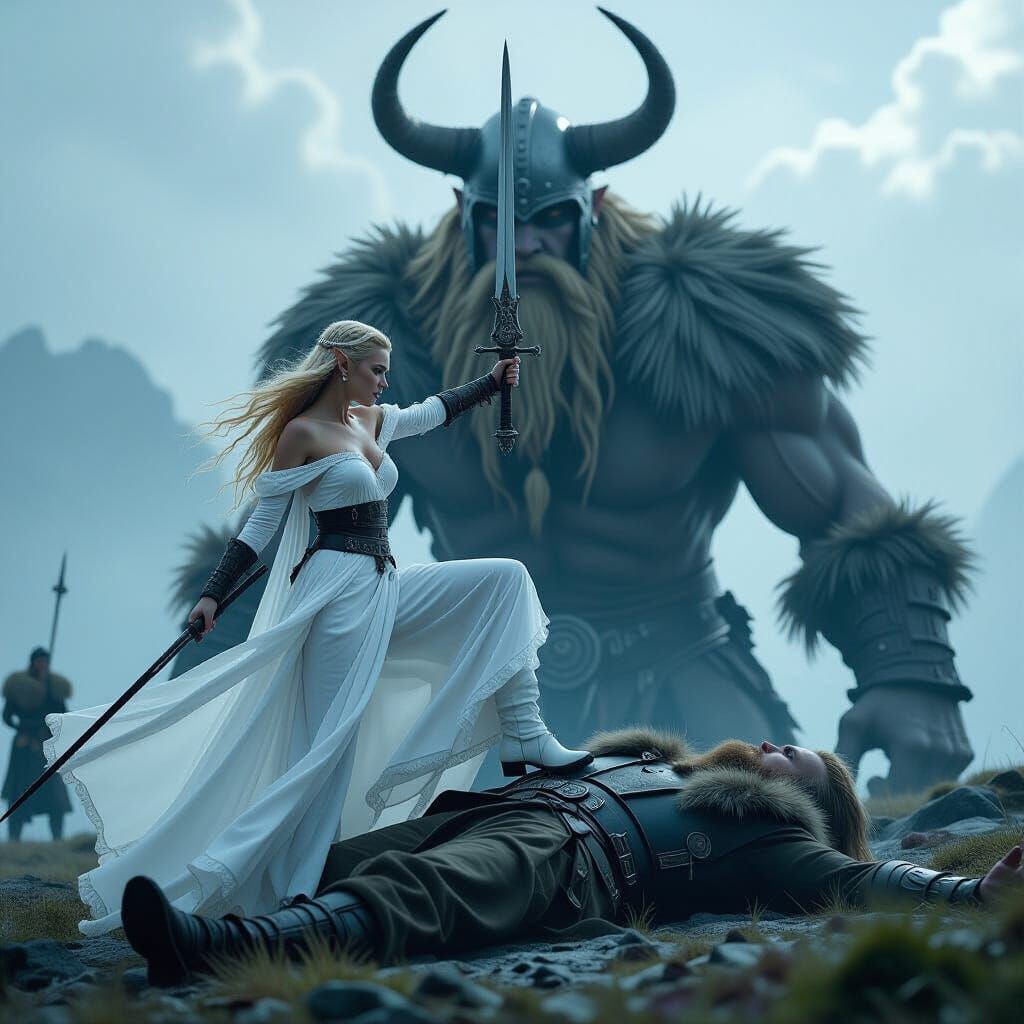 Victorious Elf Warrior Stands Over Viking Giant