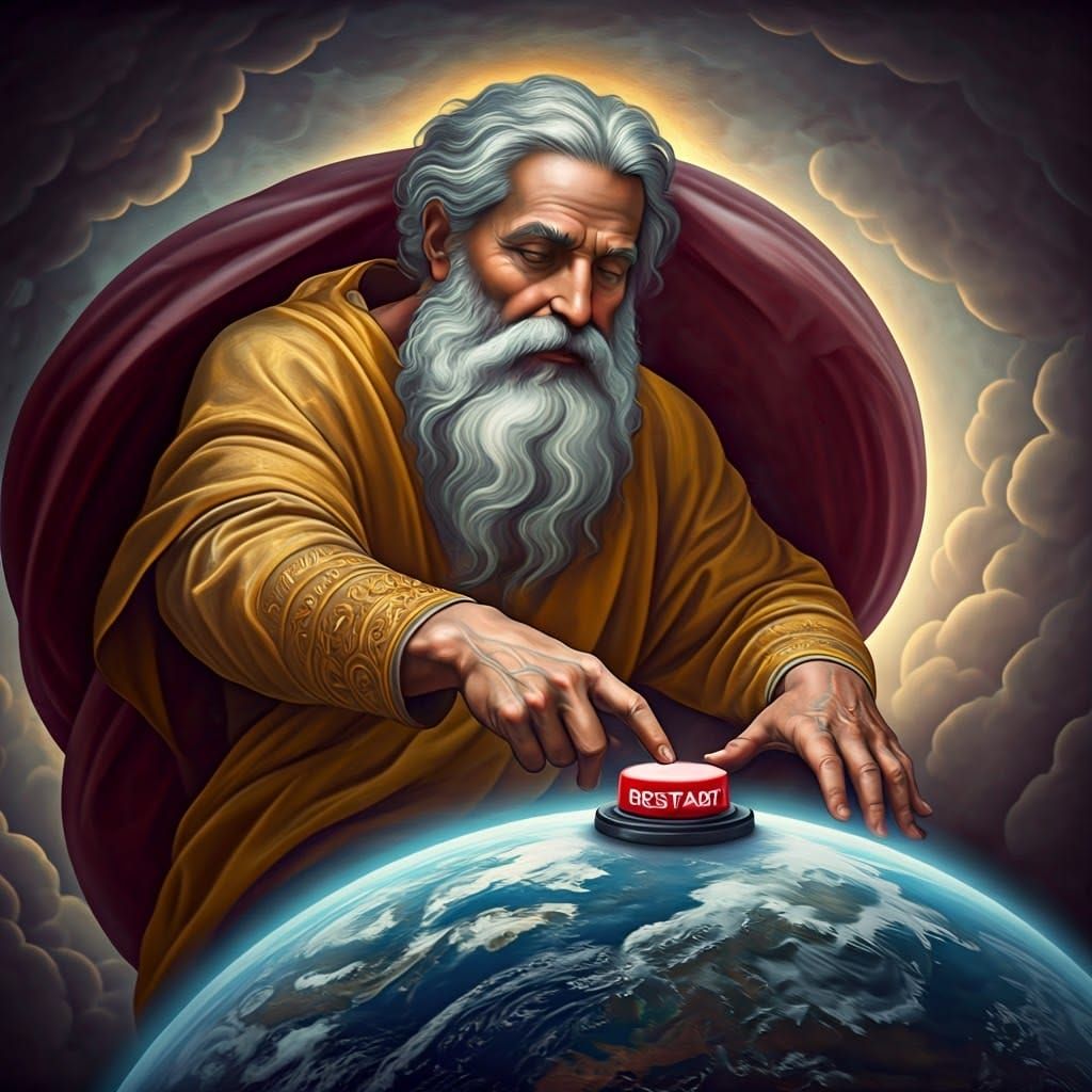 Divine Figure Stretches Towards Radiant Restart Button