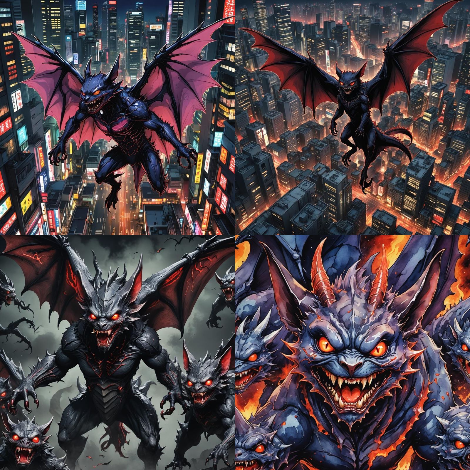 Demonic Porcelain Vampire Bat Kaiju in Anime Style