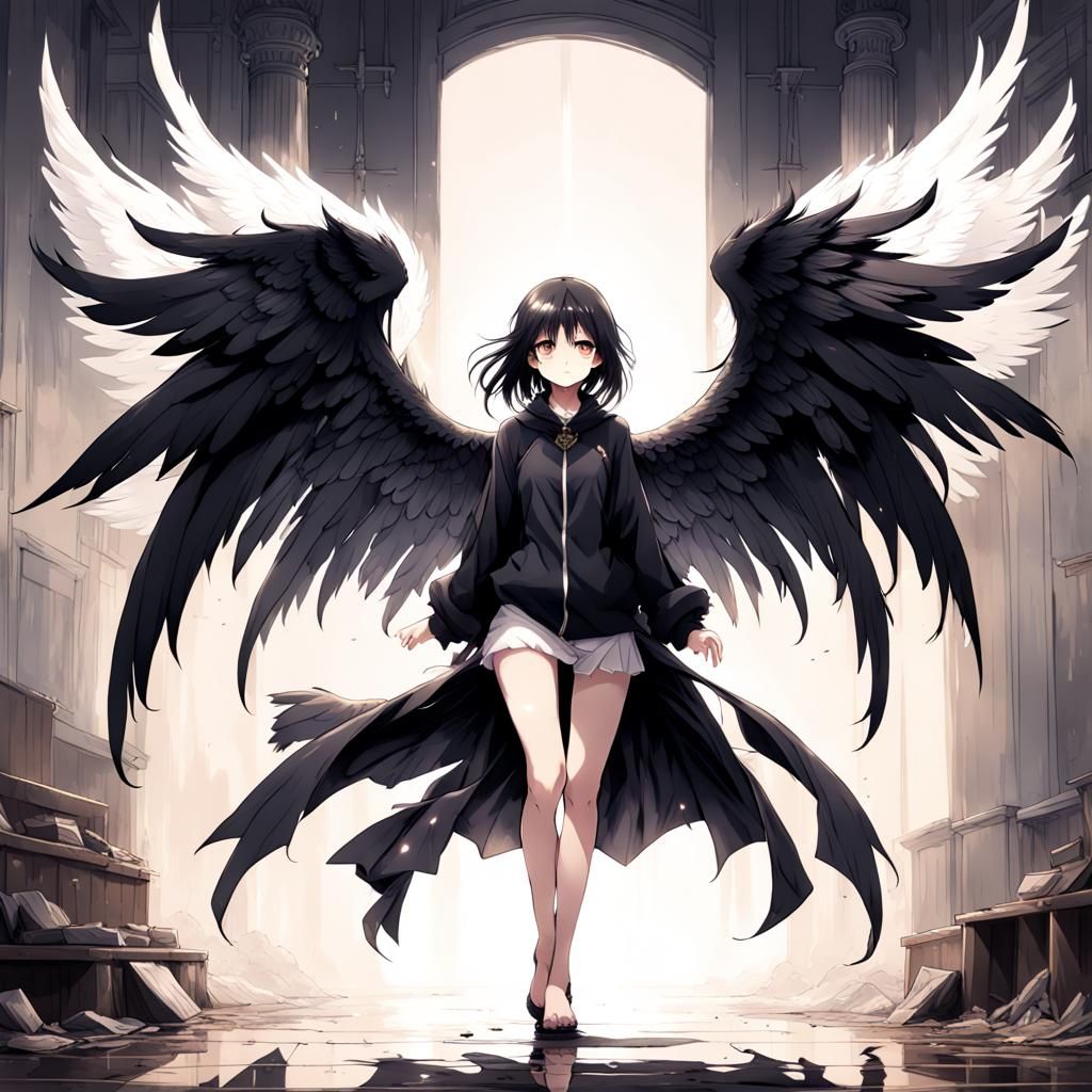 Anime Style Black Haired Angel Woman