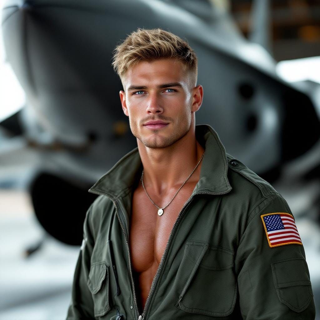 Handsome Pilot Poses in Front of Fighter Jet in 8K
