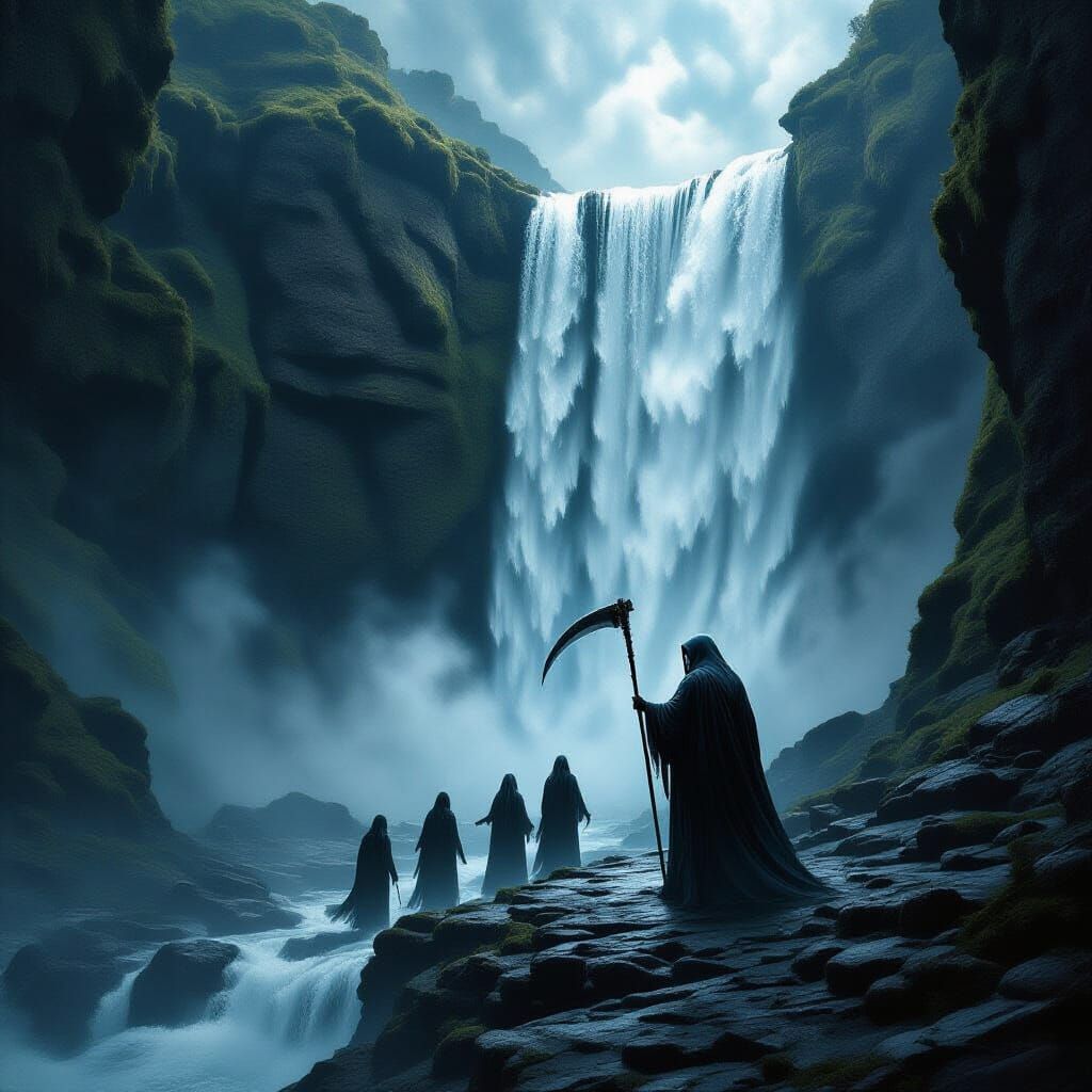 Grim Reaper Leads Souls by Cliffside Waterfall