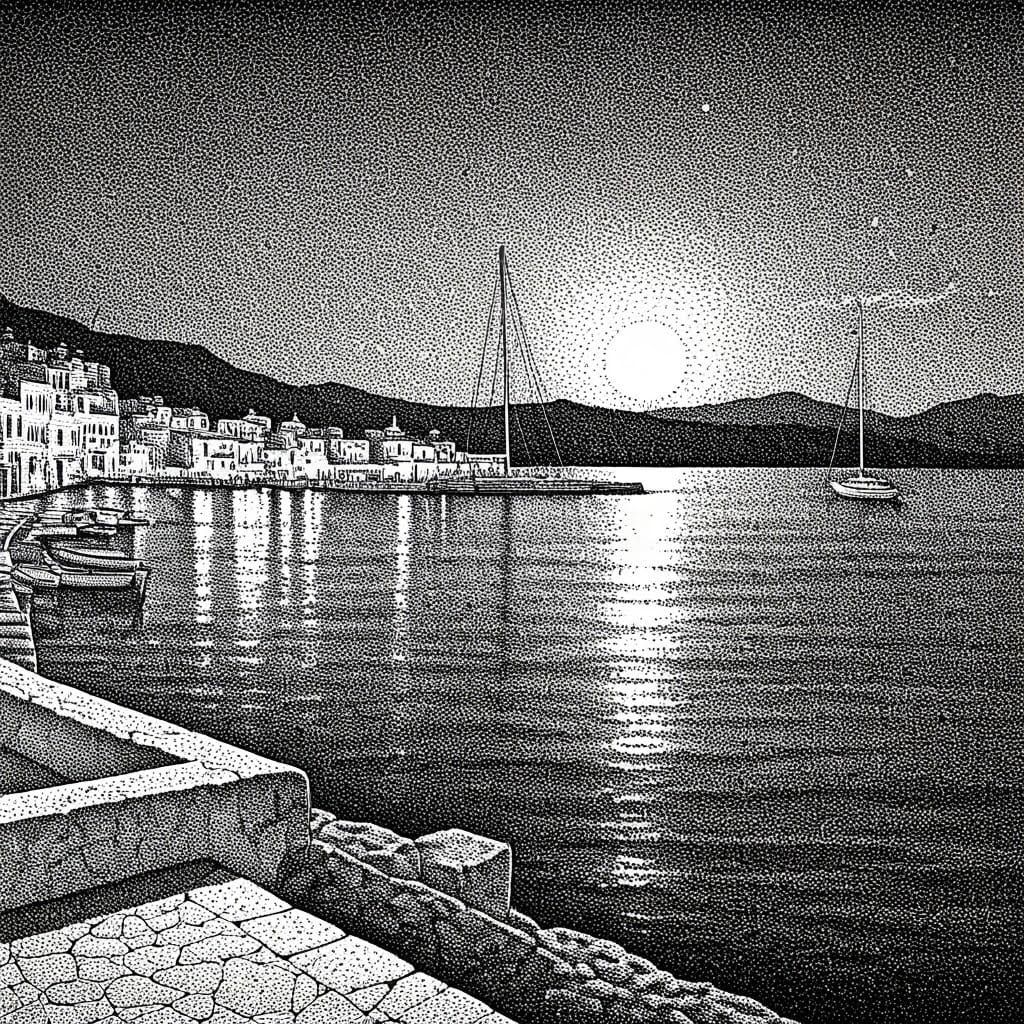 Ink drawing stippling Greek harbour scene at night