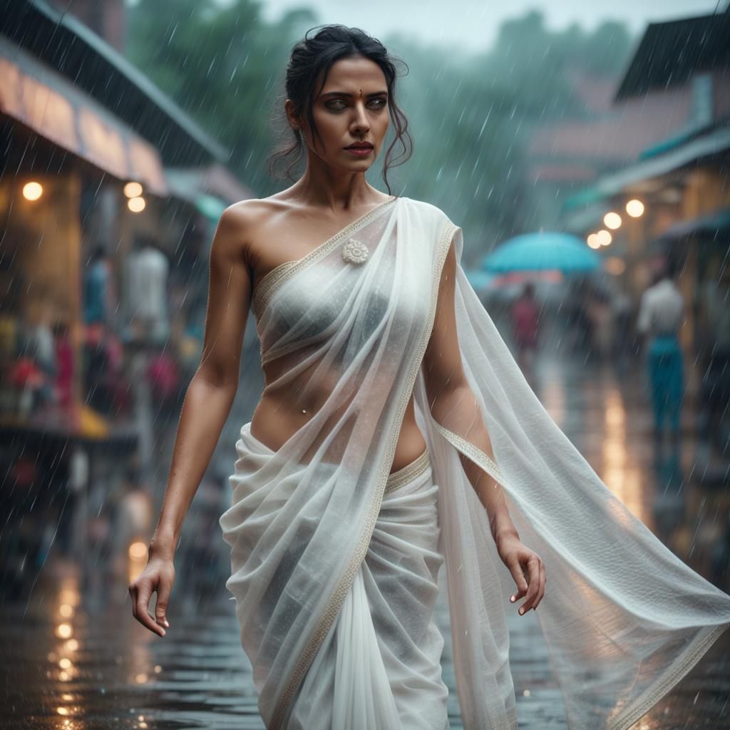 British Woman in Saree in Rain: Digital Art