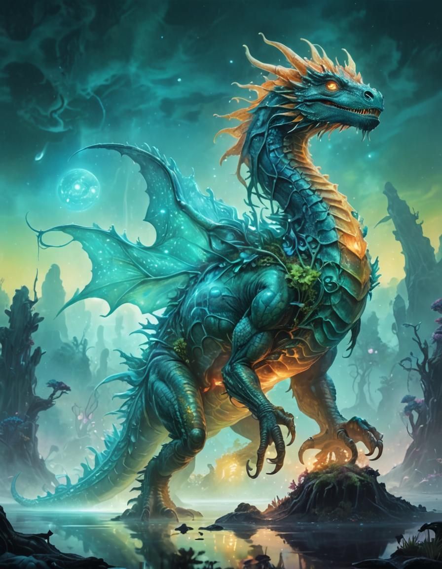 Turquoise Alien Dragon in Extraterrestrial Swamp