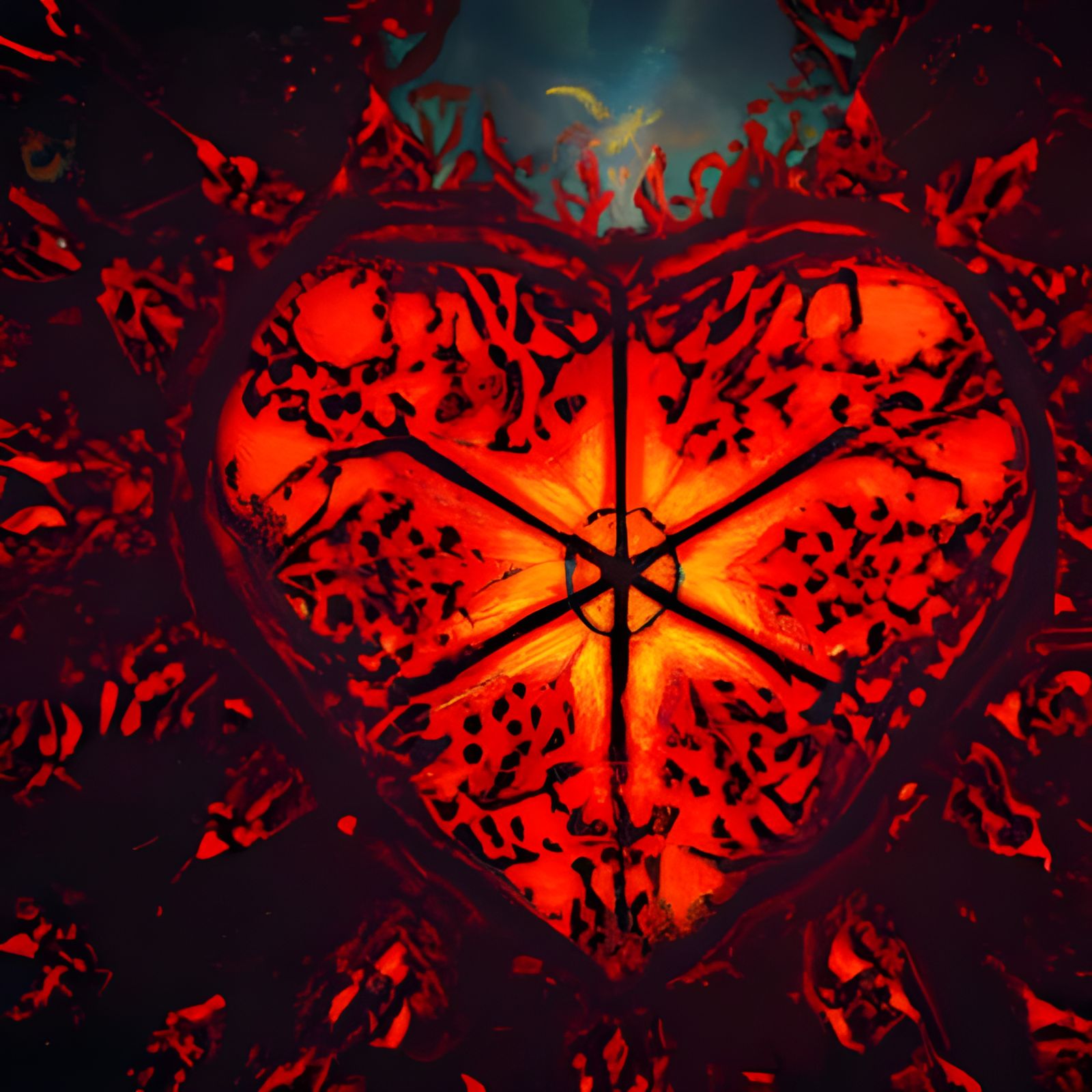 Intricate Fiery Heart with Spiderweb Pattern