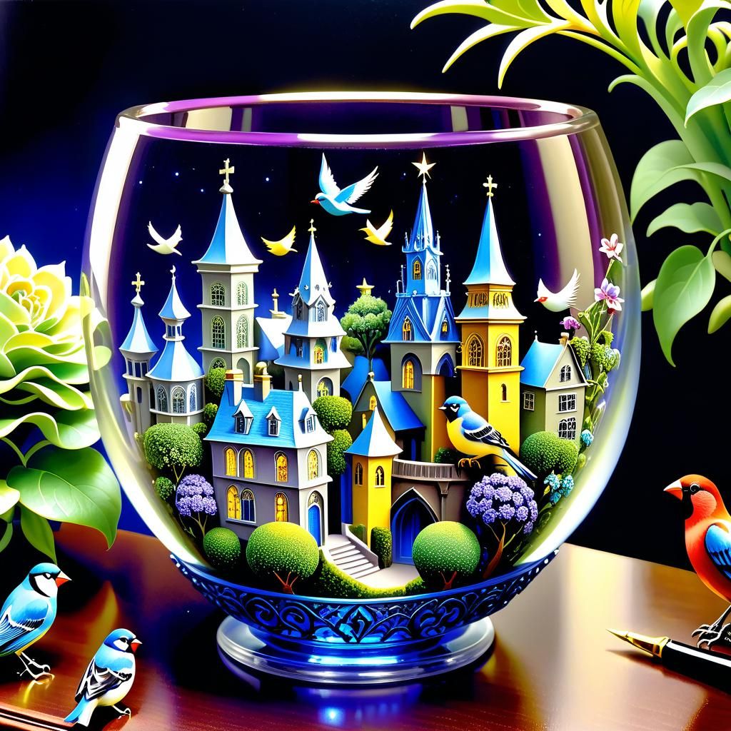 Miniature Gothic City Inside Glass, Picasso Style