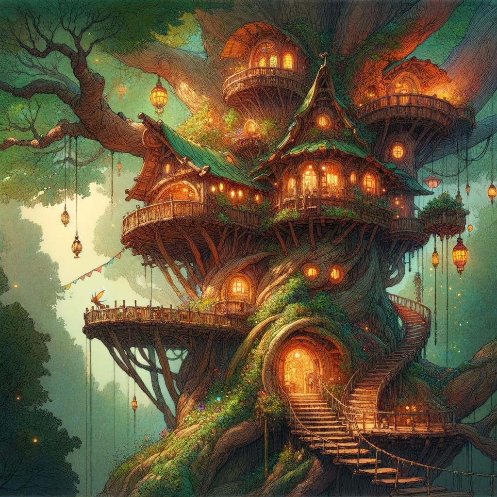 Enchanted Treehouse in Whimsical Fantasy Style