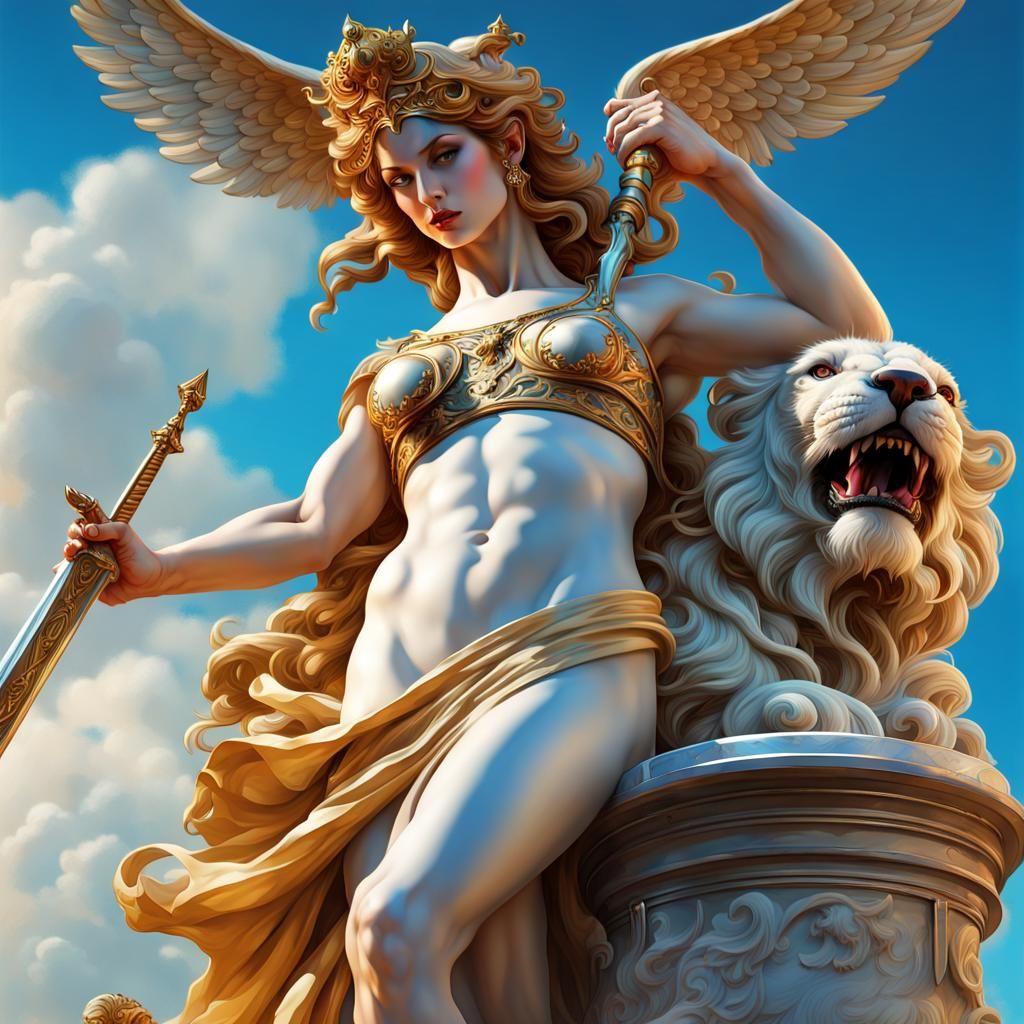 Armored Greek Goddess Marble Statue in Art Nouveau Style