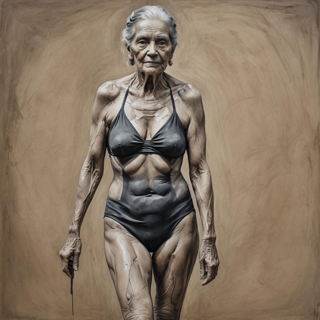 Charcoal Full Body Painting of an Old Woman
