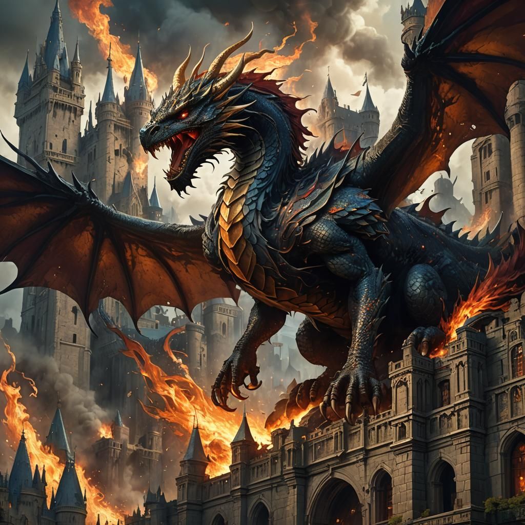 Dragon-Phoenix Destruction: A Dark Fantasy Art Nouveau