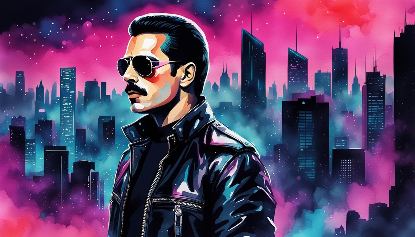 Freddie Mercury Portrait in Synthwave Pop Art