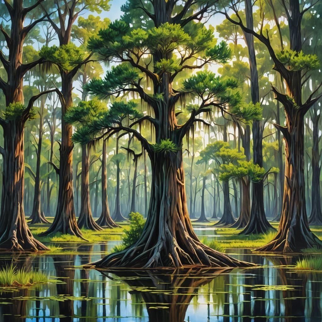 Shimmering Cypress Tree in Texas Swamp: Gouache Style