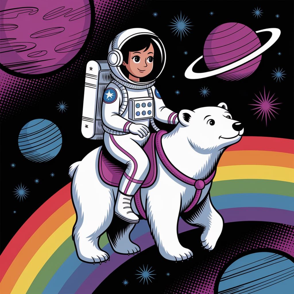 Astronaut Girl Rides Polar Bear on Rainbow in Space, in Vibr...