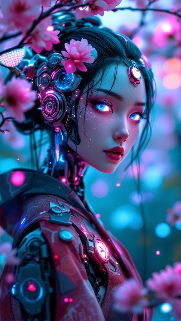 Cyborg Geisha Portrait in Futuristic Anime Style