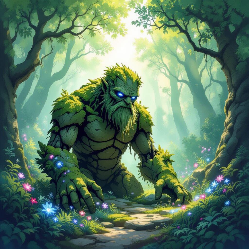 Moss Golem Awakens in Enchanted Forest