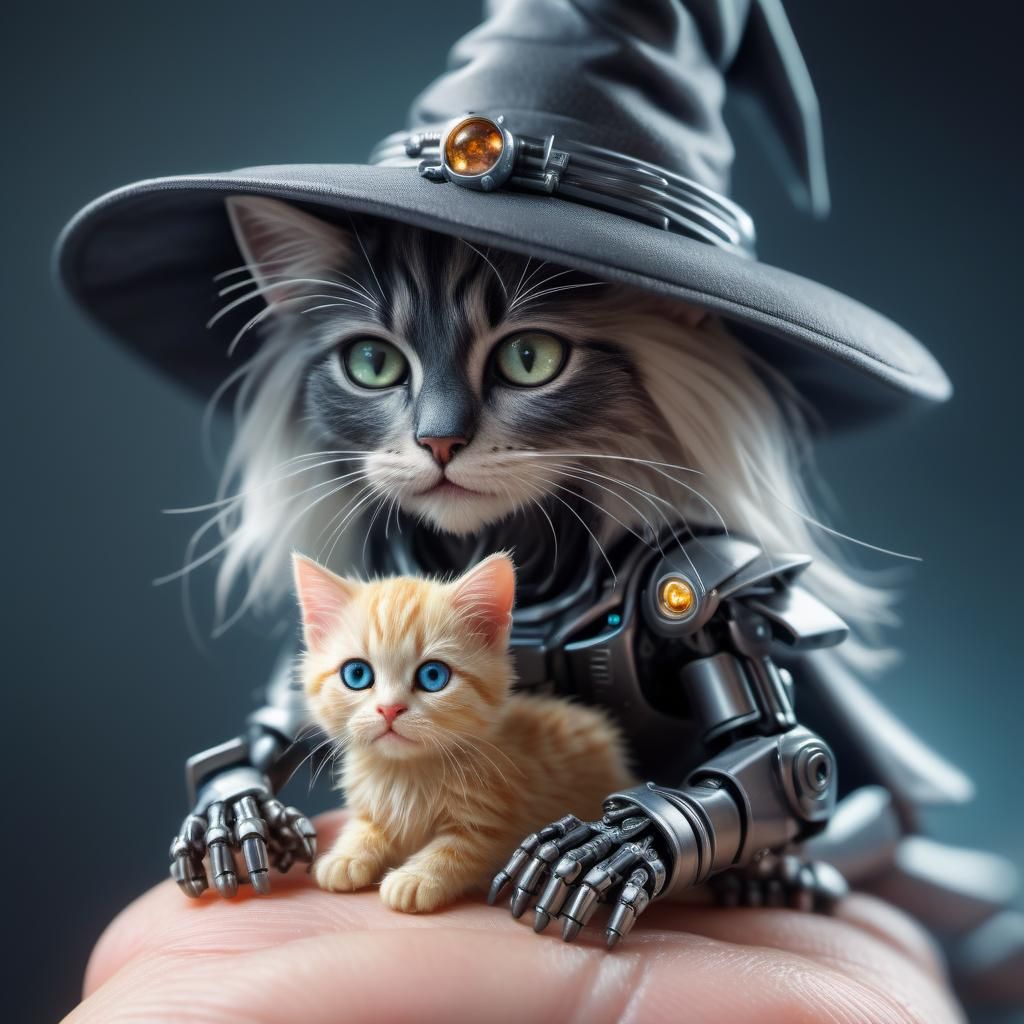 Robotic Witch with Kitten in Macro Digital Art