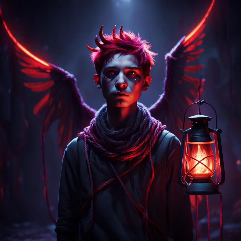 Eerie Dark Fantasy: Boy with Wings in Eerie Light