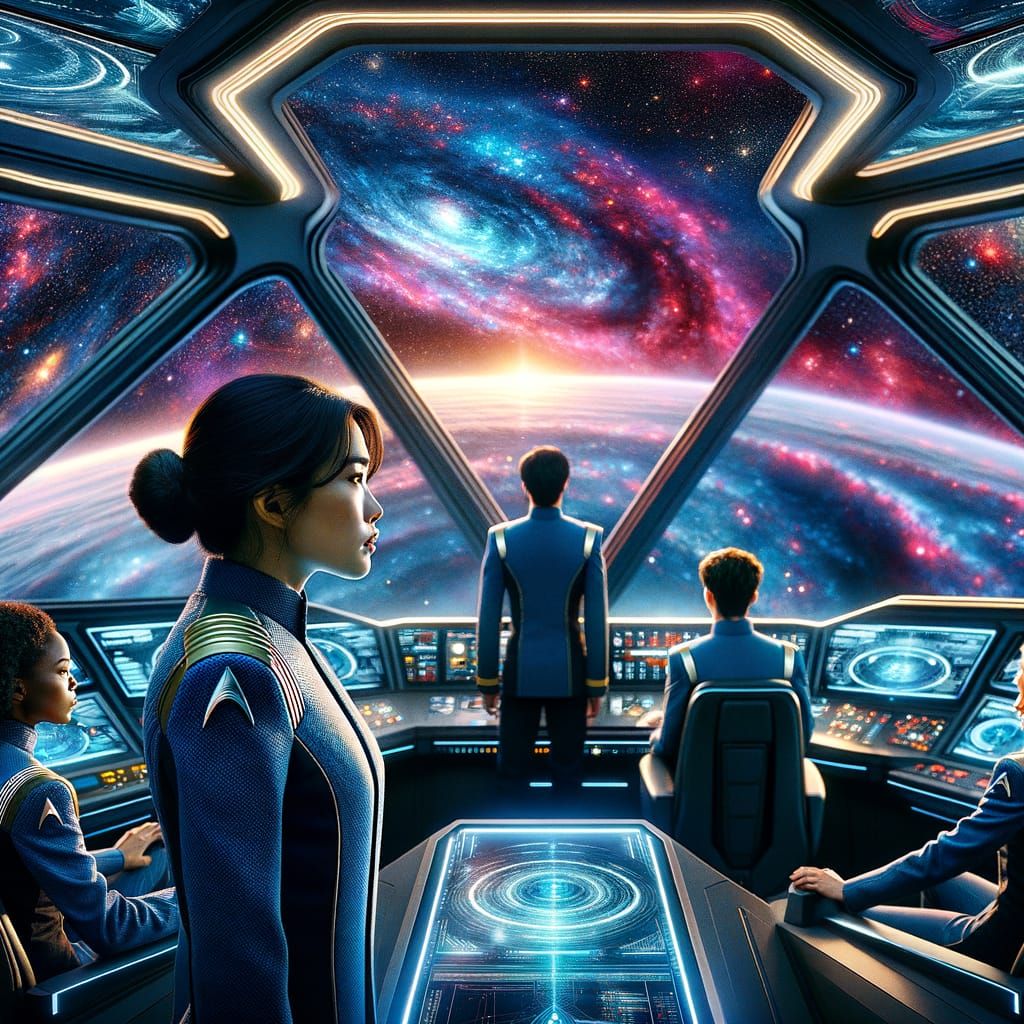 Starship Bridge Crew Explores Vibrant Galaxy