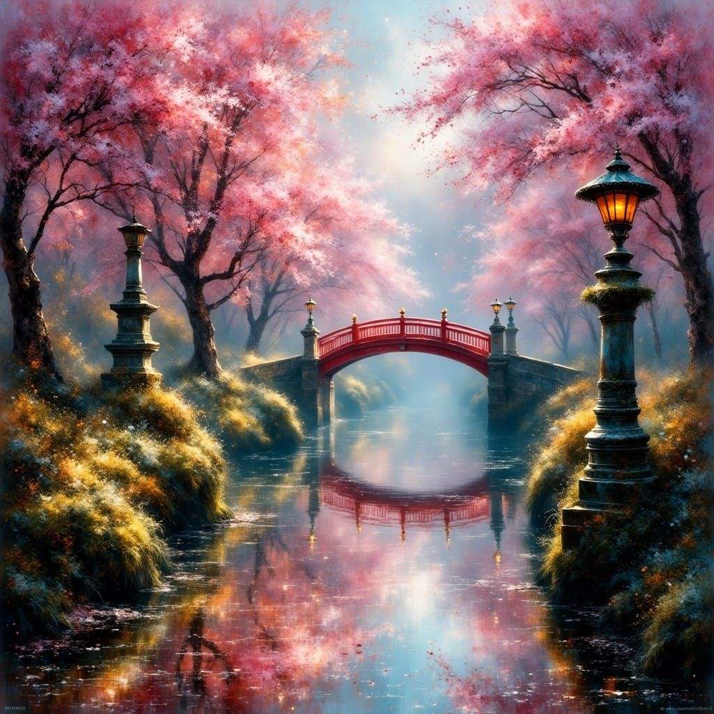 Mystical Cherry Blossom Garden After Rain