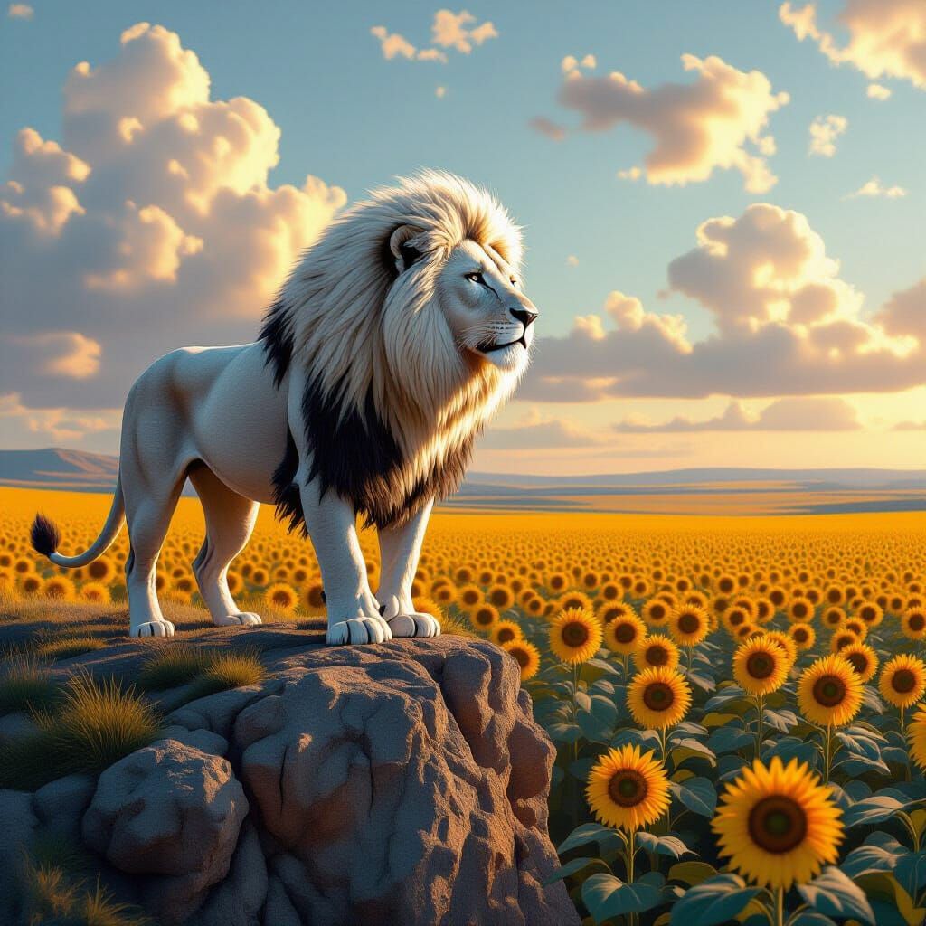 Majestic White Lion Overlooking Sunflower Field
