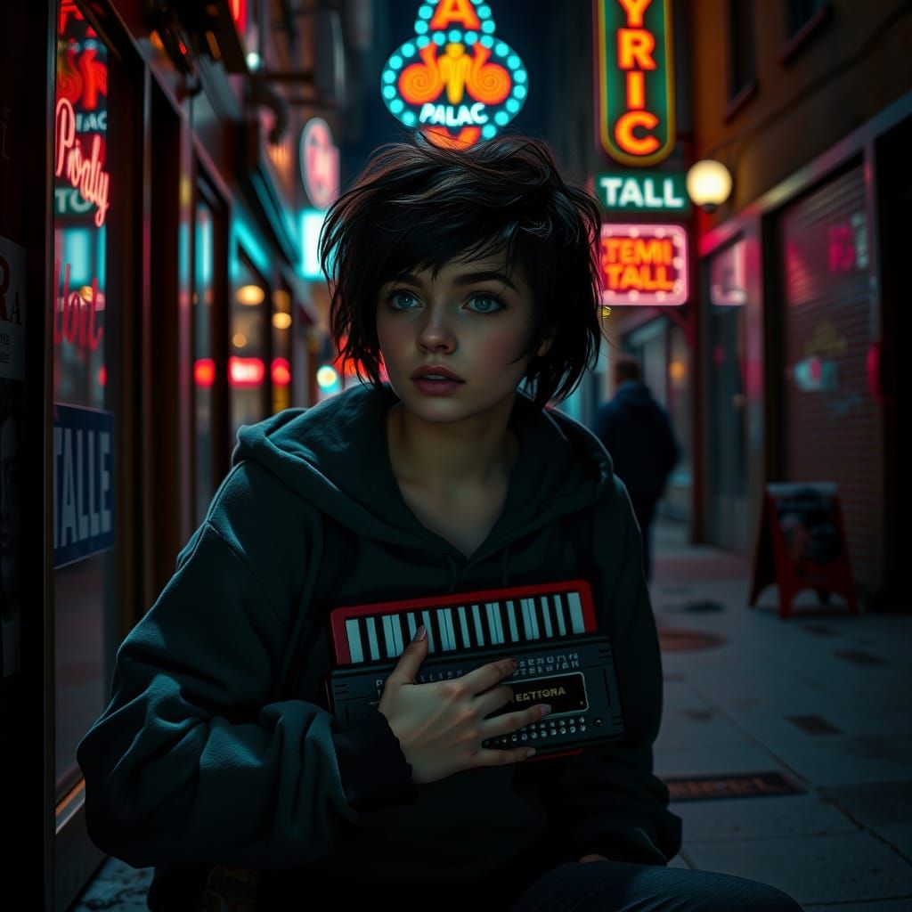 Melancholic Woman with Melodica in a Neon Alley