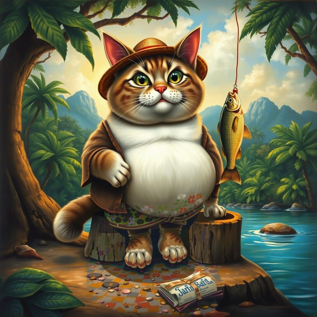 Funny Cat Fisherman in Lush Jungle River