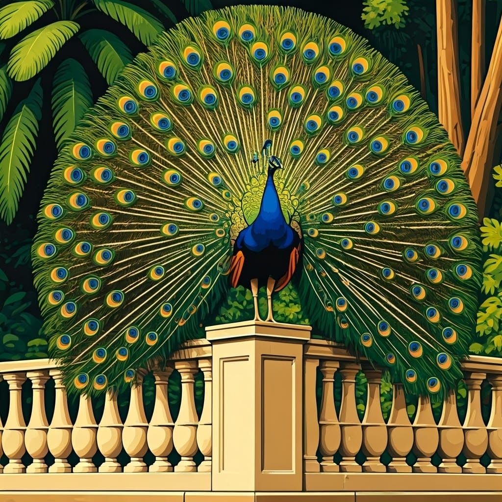 Peacock standing on a stone ballustrade