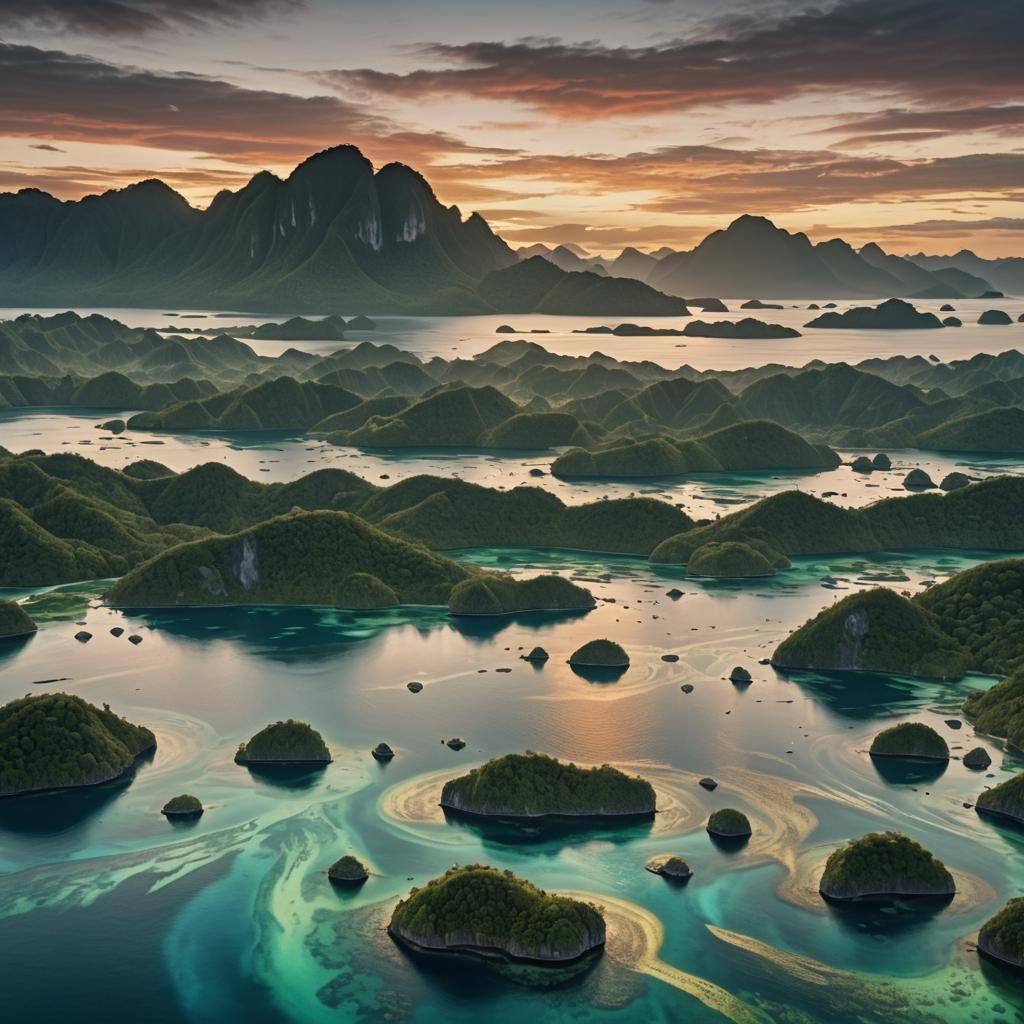 Raja Ampat Islands at Sunset with Aurora Illustrations
